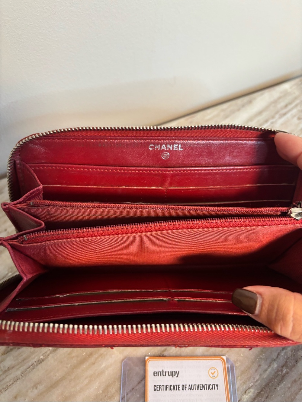 CHANEL Red Quilted Lambskin Zip Around Wallet – Entrupy Authenticated - Picture 10 of 12